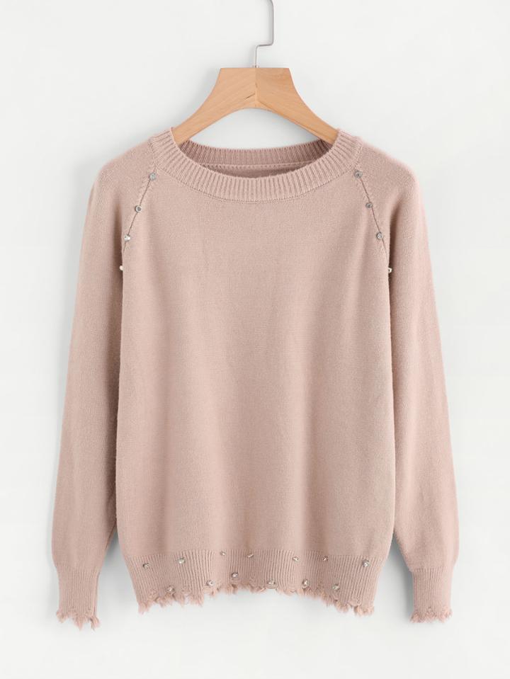 Shein Rhinestone Detail Frayed Trim Jumper