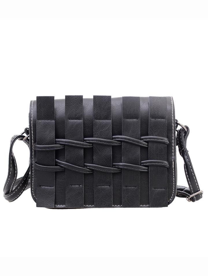 Shein Faux Leather Braided Flap Bag - Black