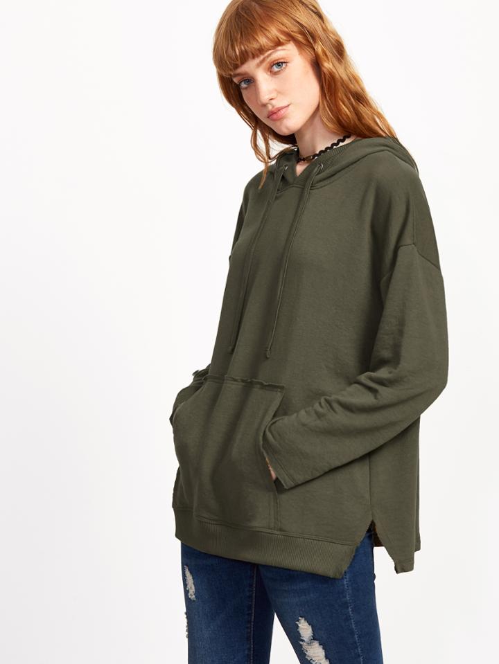 Shein Olive Green Drop Shoulder Side Slit Oversized Hoodie