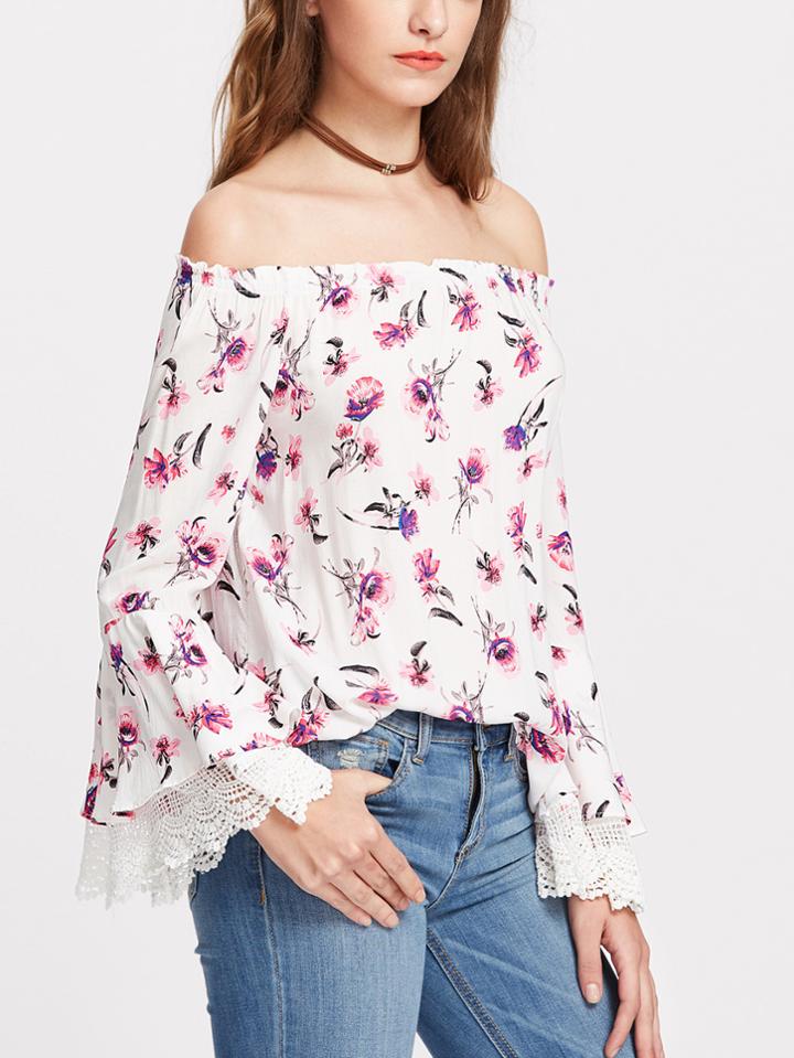 Shein Bardot Ditsy Print Trumpet Sleeve Top