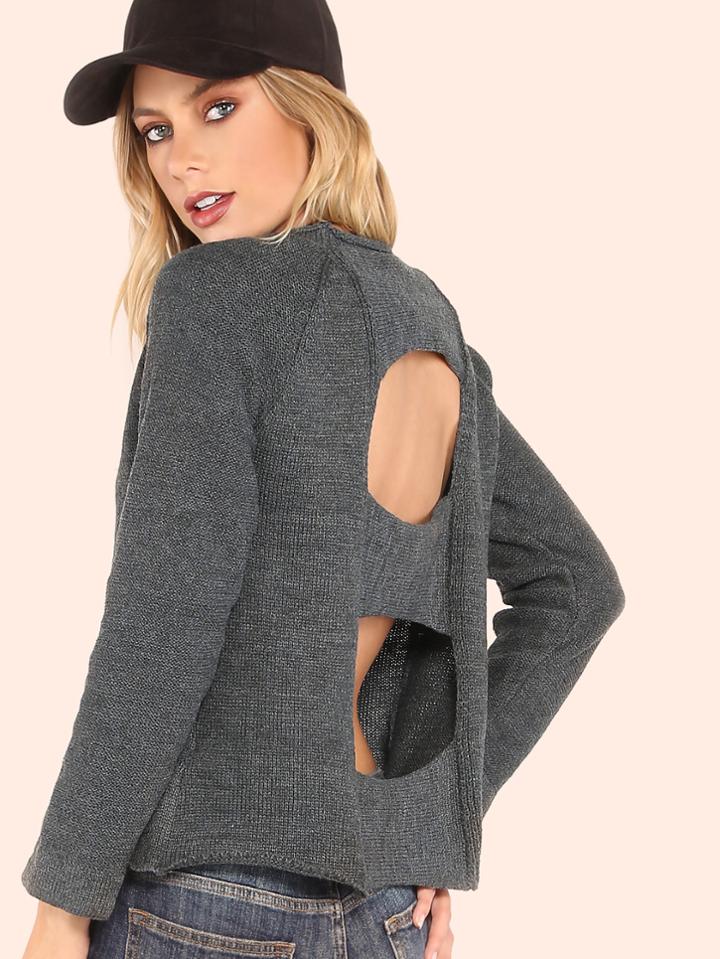 Shein Cutout Back Crew Neck Knit Sweater Charcoal