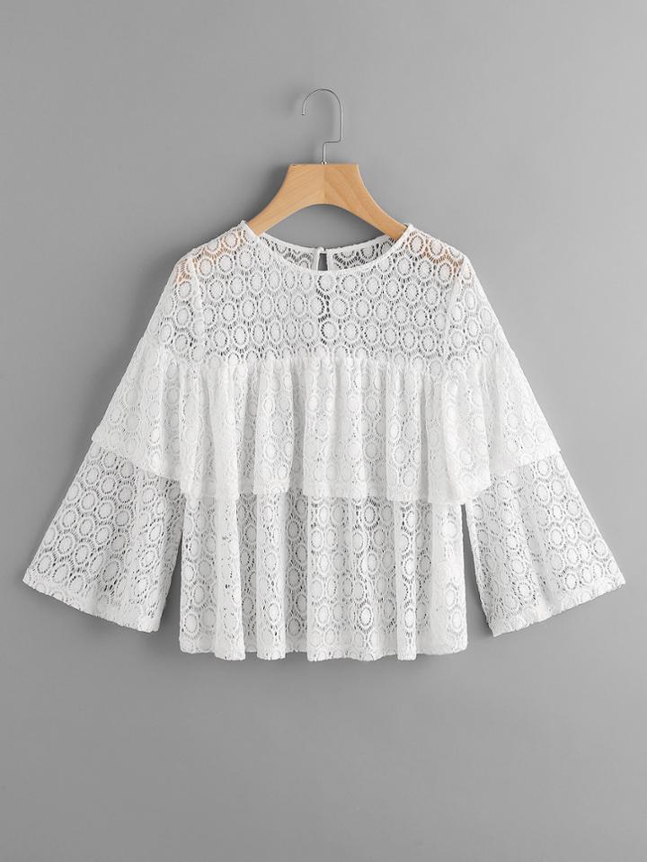 Shein Bell Sleeve Tiered Dot Lace Top