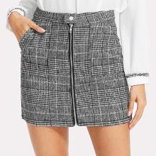 Shein Zip Front Dual Pocket Plaid Skirt