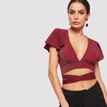 Shein Flutter Sleeve Knot Back Glitter Top