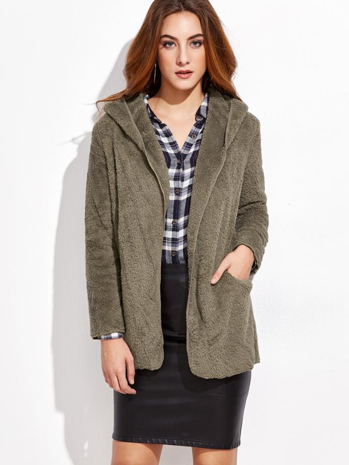 Shein Army Green Long Sleeve Hooded Coat