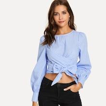 Shein Bishop Sleeve Cross Wrap Striped Top