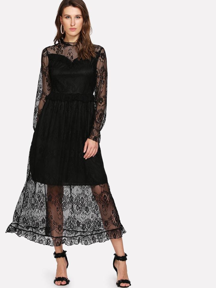Shein Lace Overlay Ruffle 2 In 1 Dress