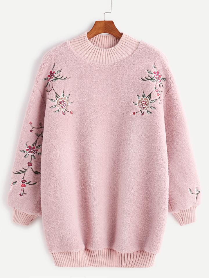 Shein Pink Ribbed Trim Flower Embroidered Fuzzy Sweatshirt