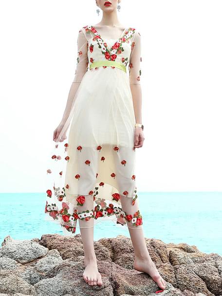 Shein Backless Flowers Gauze Embroidered Dress