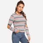 Shein Contrast Tipping Cut-out Sleeve Striped Tee