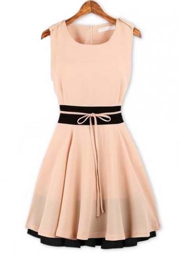 Rosewe Summer Essential Round Neck Sleeveless Pink Chiffon Dress