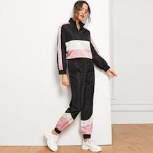 Shein Zip Half Placket Colorblock Jacket And Sweatpants Set