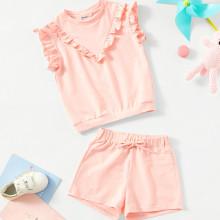 Shein Girls Ruffle Trim Detail Top & Drawstring Waist Shorts