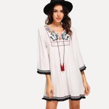 Shein Tassel Tie Embroidered Yoke Fringe Tape Trim Dress