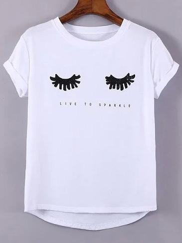 Shein White Roll Cuff Short Sleeve Eyelashes T-shirt