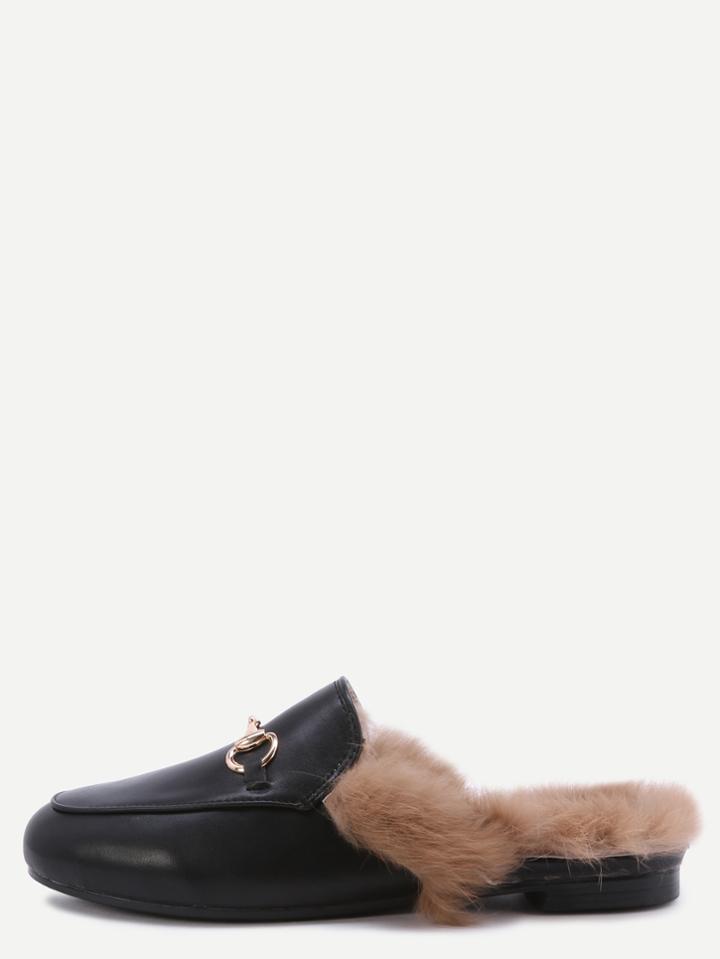 Shein Black Faux Leather Fur Lined Slippers