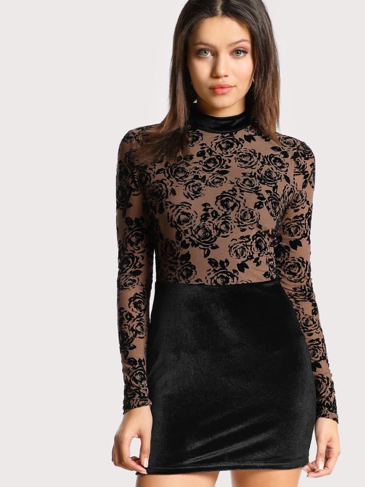 Shein Flock Mesh Bodice Combo Dress