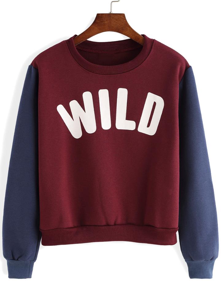 Shein Red Blue Round Neck Letters Prtint Sweatshirt