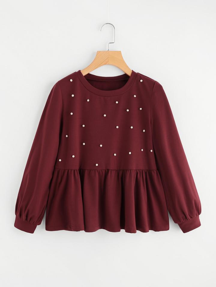Shein Pearl Beaded Frill Hem Sweatshirt