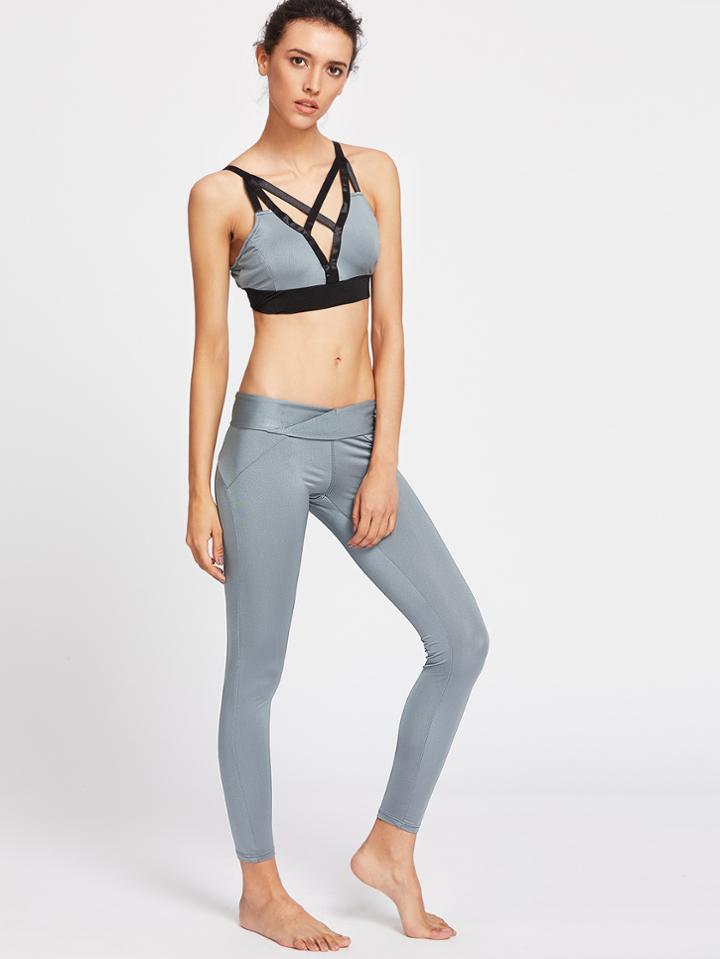 Shein Contrast Trim Criss Cross Gym Bra With Leggings