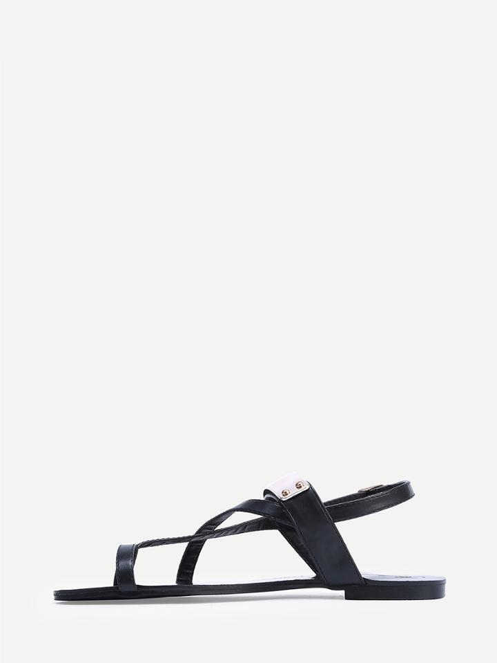 Shein Black Faux Leather Open Toe Thong Sandals