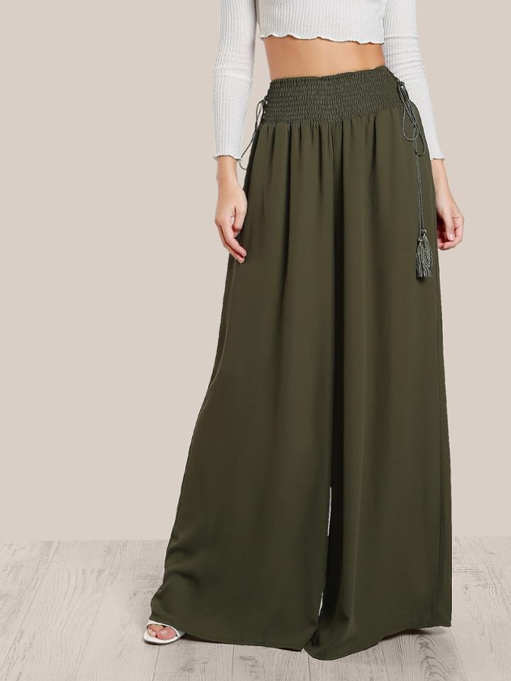 Shein Tassel Tied Shirred Waist Super Wide Leg Pants