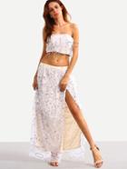 Shein Tie-back Crop Bandeau Top With High Slit Skirt - White