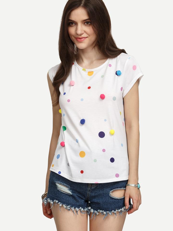 Shein White Pom-pom Polka Dot T-shirt