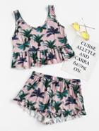 Shein Coconut Tree Print Frilled Tank And Shorts Pajama Set