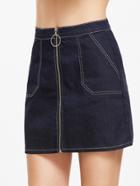 Shein Navy Zip Up Topstitch Denim Skirt