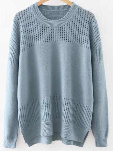 Shein Blue Drop Shoulder Hollow Out Dip Hem Loose Sweater