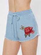 Shein Rose Patch Shirred Waist Raw Hem Shorts