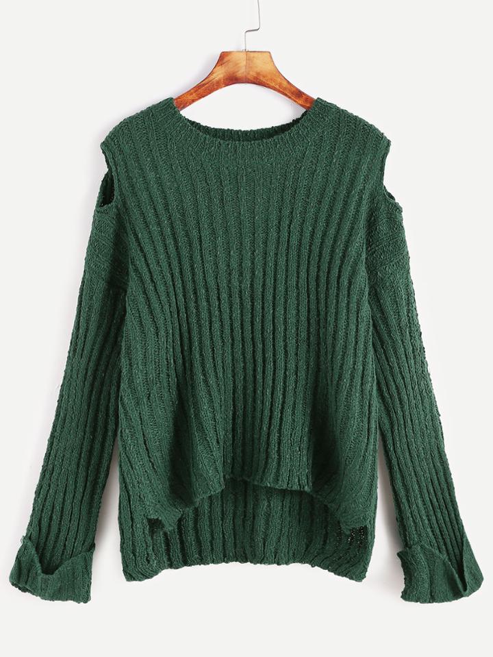 Shein Green Open Shoulder Slit Side High Low Cuffed Sweater