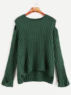 Shein Green Open Shoulder Slit Side High Low Cuffed Sweater