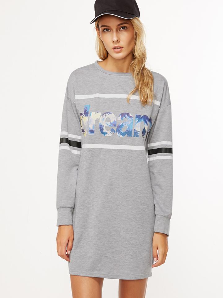 Shein Heather Grey Letter Print Striped Sleeve Sweatshirt Dress