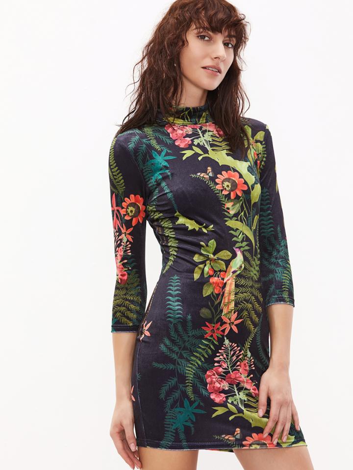 Shein Multicolor Tropical Print Mock Neck Bodycon Dress