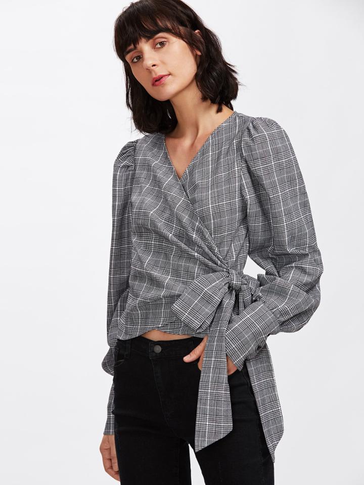 Shein Puff Sleeve Surplice Wrap Top