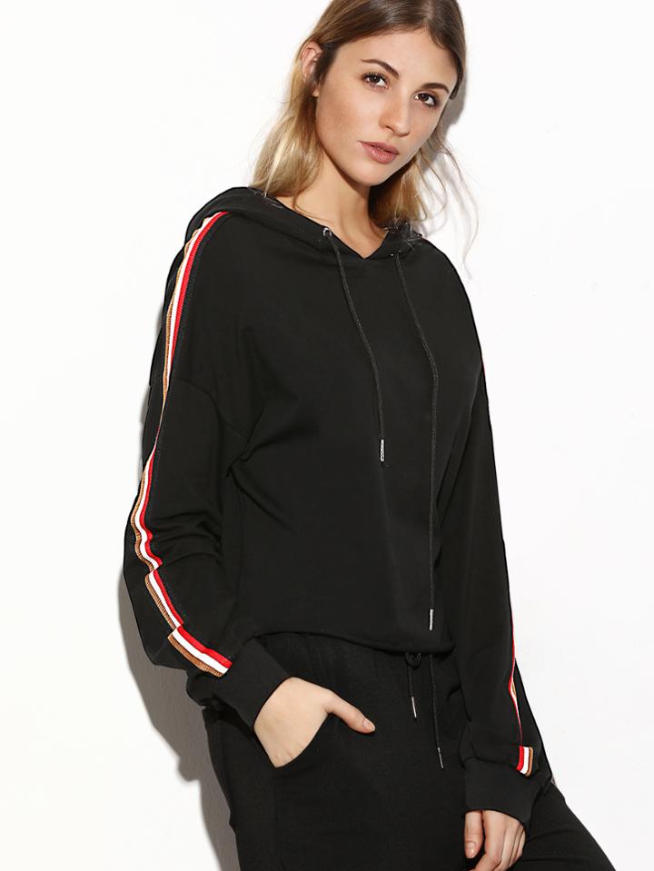 Shein Black Striped Woven Tape Embellished Raw Hem Hoodie