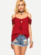 Shein Lace Sleeve Cold Shoulder Tassel-tie Top - Burgandy