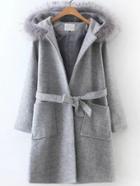 Shein Grey Front Pocket Hooded Coat With Belt