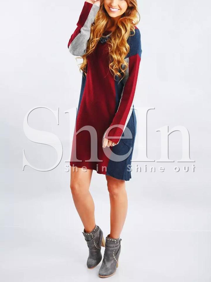 Shein Red Blue Long Sleeve Color Block Dress