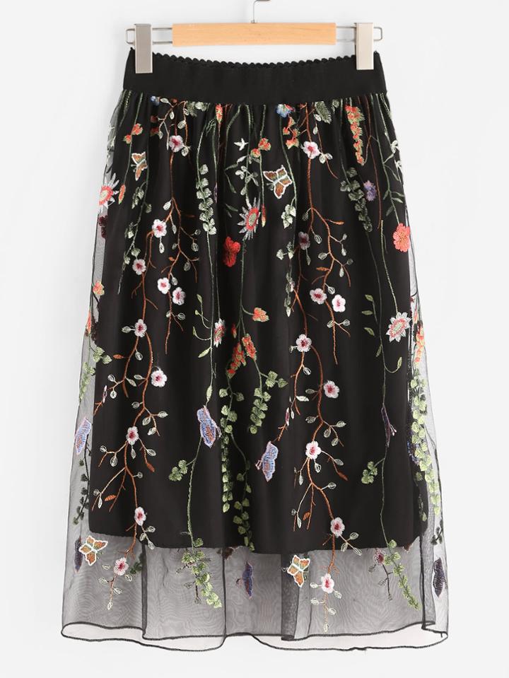Shein All Over Flower Embroidered Mesh Overlay Skirt