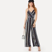 Shein Self Belted Wide Leg Wrap Striped Cami Jumpsuit