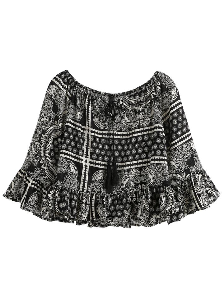 Shein Black Paisley Print Tassel Tie Neck Ruffle Top