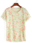 Shein Rose Print Rolled Sleeve T-shirt