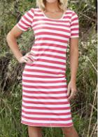 Rosewe Stripe Print Round Neck Short Sleeve Shift Dress