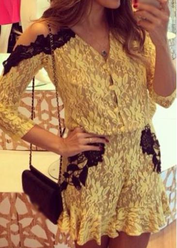 Rosewe Yellow Off The Shoulder Lace Romper