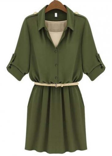 Rosewe Pretty Turndown Collar Long Sleeve Army Green Dress With Belt