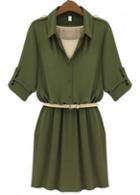 Rosewe Pretty Turndown Collar Long Sleeve Army Green Dress With Belt