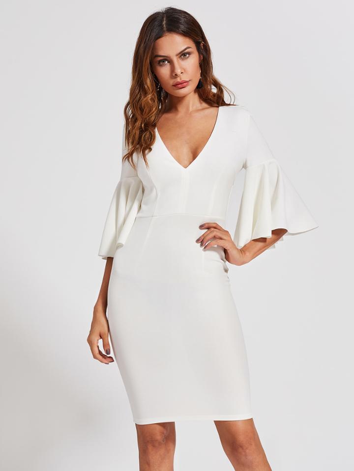 Shein Flared Sleeve Plunge Neck Pencil Dress